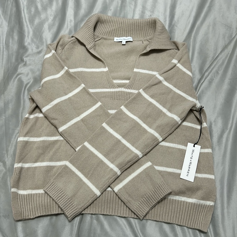 White + Warren Striped Collar Wool Sweater